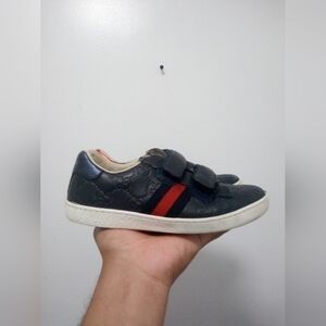 Gucci Ace Kids Blue Leather GG Print Logo Sneakers Sz 32